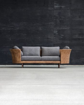 MH Vascas Sofa | Desert Leather with Medina fabric and walnut legs | Front