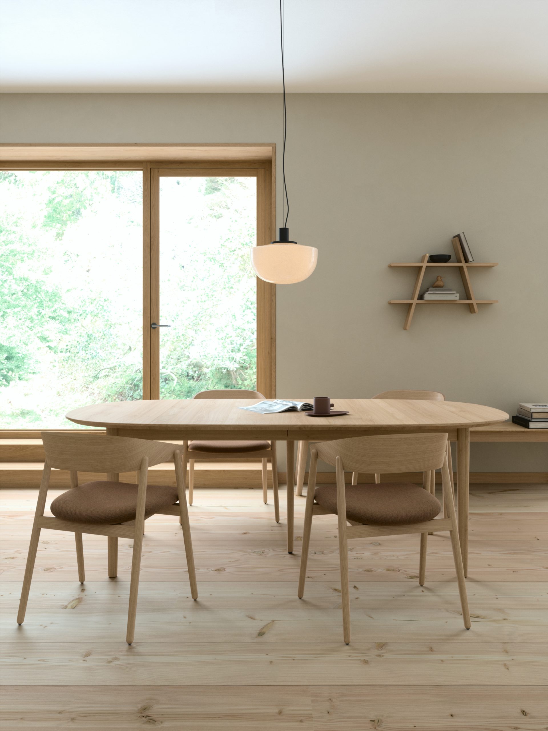 Andersen Classic 2-255XL_110x215xH72_C-kant_oak soap_2 extension leaves +AC2 chair_oak white matt lacquer_Kvadrat Re-wool 0378 + AD1 bench_ oak white matt lacquer_